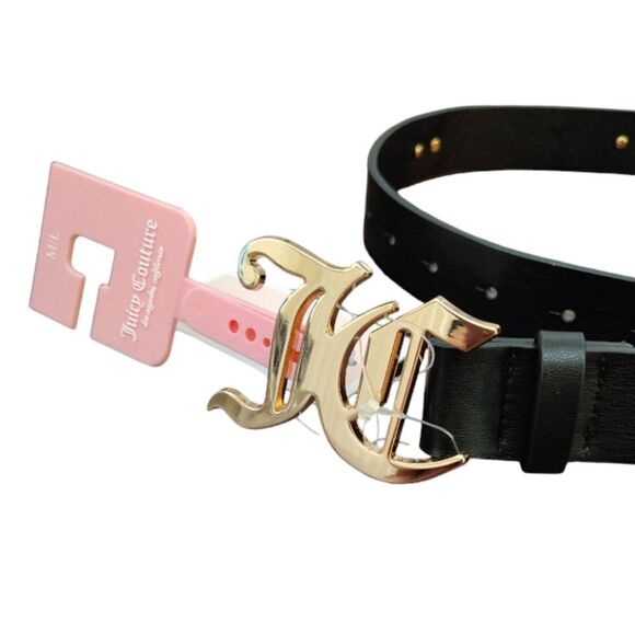 Juicy Couture Black Faux Leather Gold Logo Charmed Waist Belt Med/ Lrg NWT